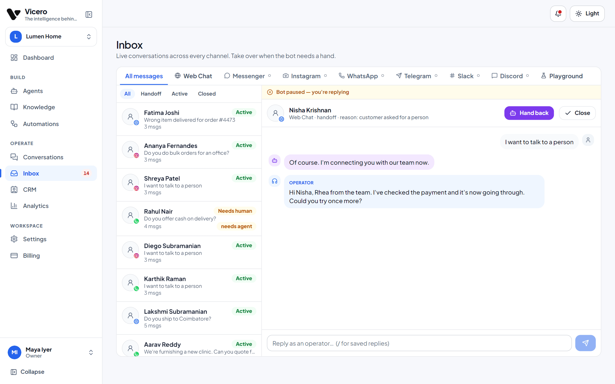 VICERO inbox with a customer conversation, the agent's reply, and a team member taking over
